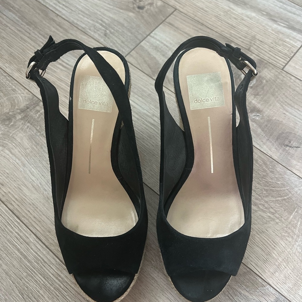 Black suede Dolce Vita open toe wedge sandal